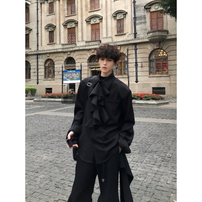 Conductor-Style British Court-Style Detachable Ruffle Collar Shirt for Men, Autumn Solid Color Waist-Tie Long-Sleeve Shirt Conductor-Style British Court-Style Detachable Ruffle Collar Shirt for Men, Autumn Solid Color Waist-Tie Long-Sleeve Shirt