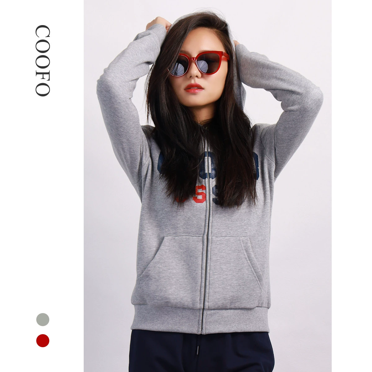 COOFO phụ nữ áo len dây kéo chữ cái mới có mũ trùm đầu cộng với áo khoác thông thường cashmere cho phụ nữ - Áo len