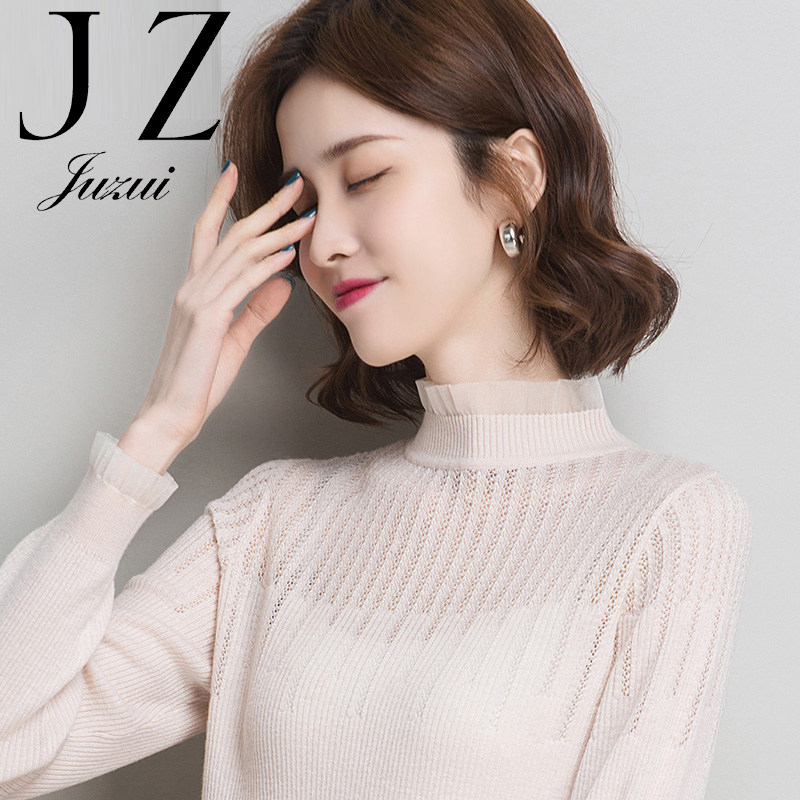 Jiuzi Women's Clothing Clear Cabin Discount Goat Sweatshirt Woman 2022 Spring Autumn Season New Elastic Inner lap Clothing Hollowed-out Lace Sweater