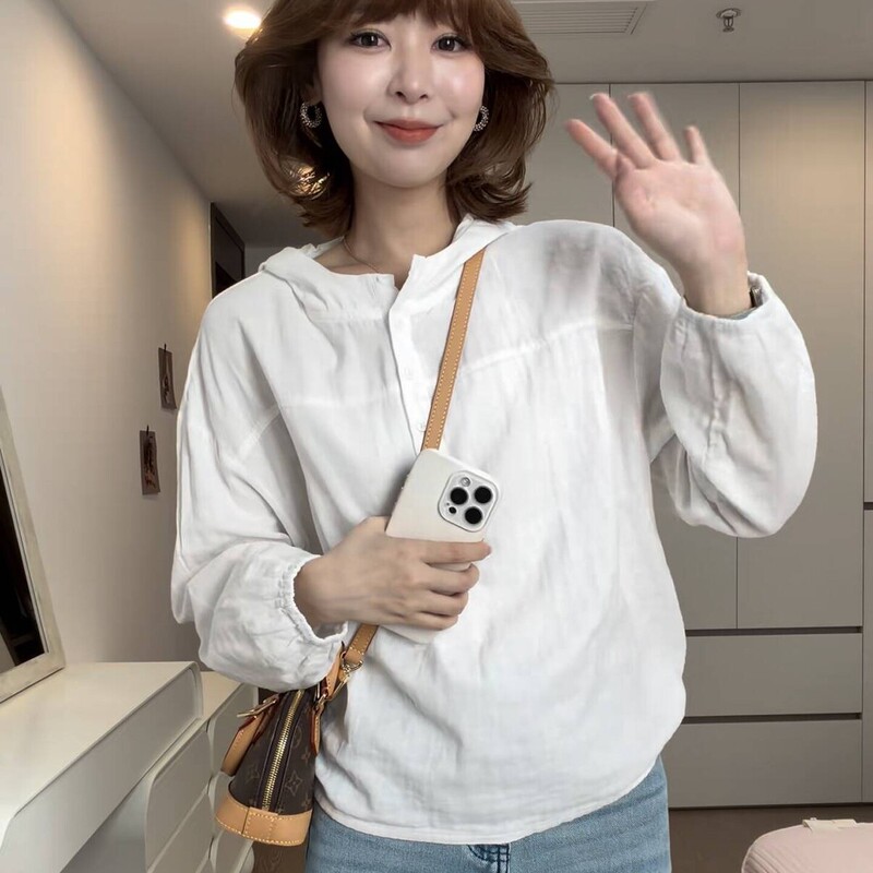 European-Style All-Cotton Hooded Shirt for Women, New Spring Fashion, Versatile Slim-Fit Long-Sleeve Sun Protection Shirt, Loose Simple Solid Color Blouse
