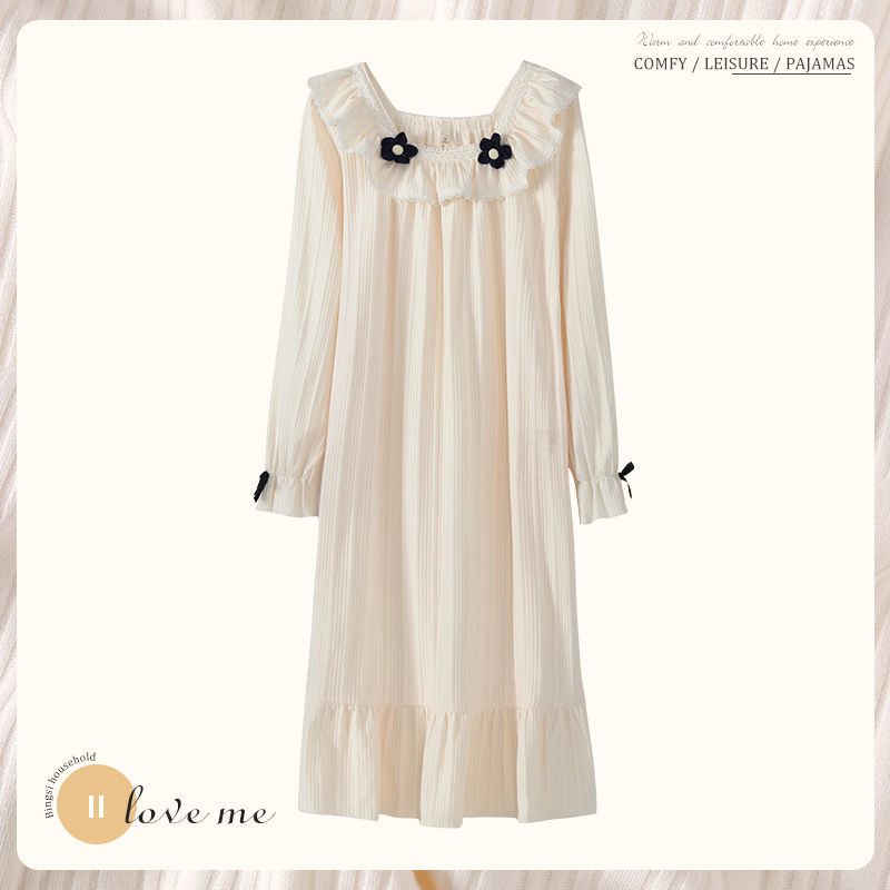 Sleepwear sleeping dress Women in spring new cotton long sleeves lace lace lace sweet and cute princess windy housedress