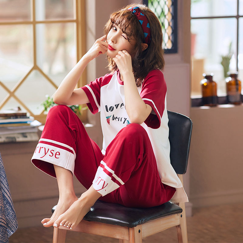 Sleepwear female summer Korean version cotton short sleeves Home Pants Students Cute Thin and Fat mm Overweight Lady Suit