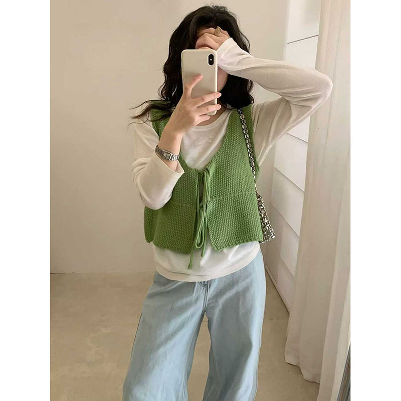 Korean-Style Sweet Lace-Up Knitted Camisole Vest for Women, Spring and Summer Two-Way Wear, Layered Tank Top, Sleeveless Short Cardigan Top