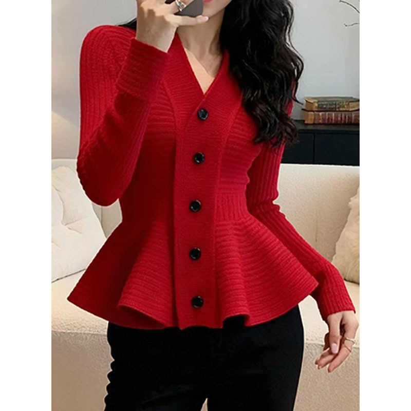 Red Base Knit Top 2026 Spring and Autumn Elegant Socialite Style Very Pretty Fashionable Chic Waist-Cinching Ruffle Top for Women