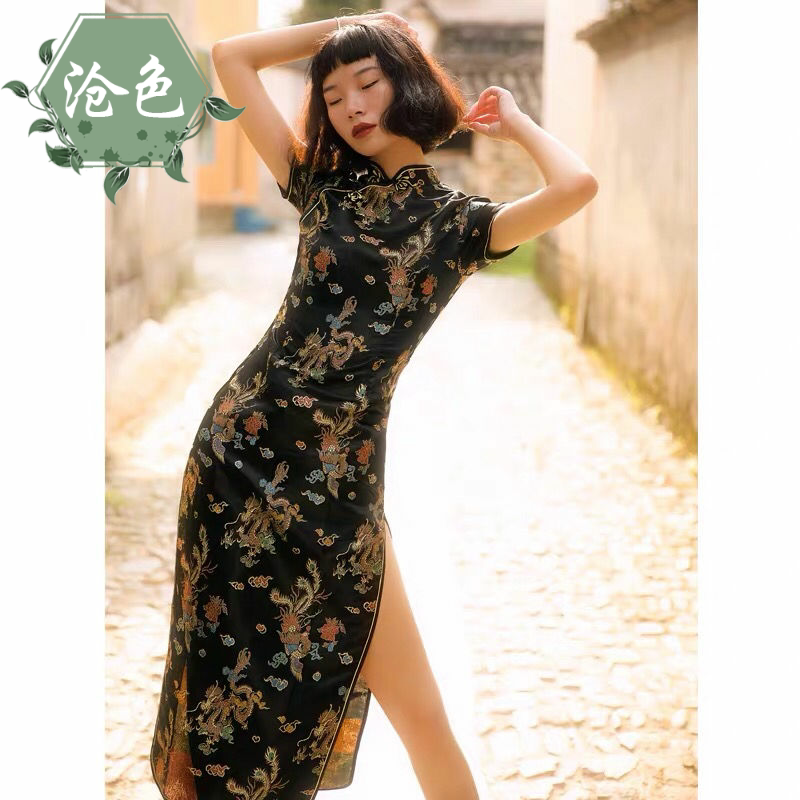 2021 new cheongsam bone erosion young fashion girl retro Republic of China wind in the long version of the comfortable dress dark black