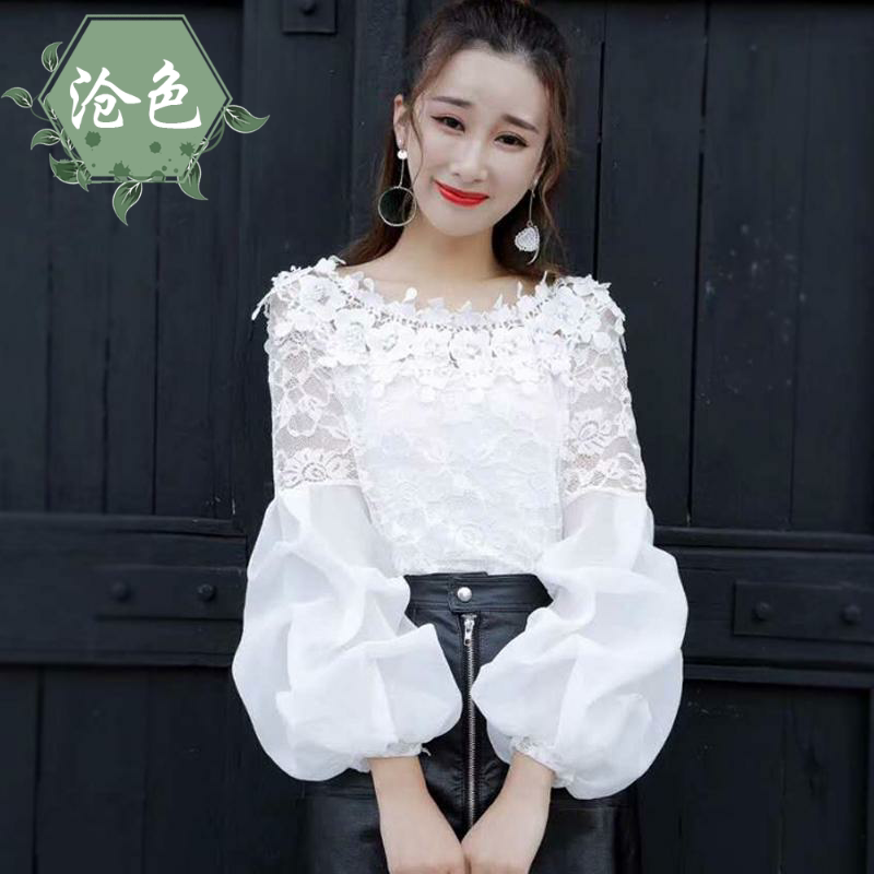 Every day special autumn women's slim-fit leaky shoulder one-word collar bubble sleeves white lace shirt Chiffon long-sleeved top handsome