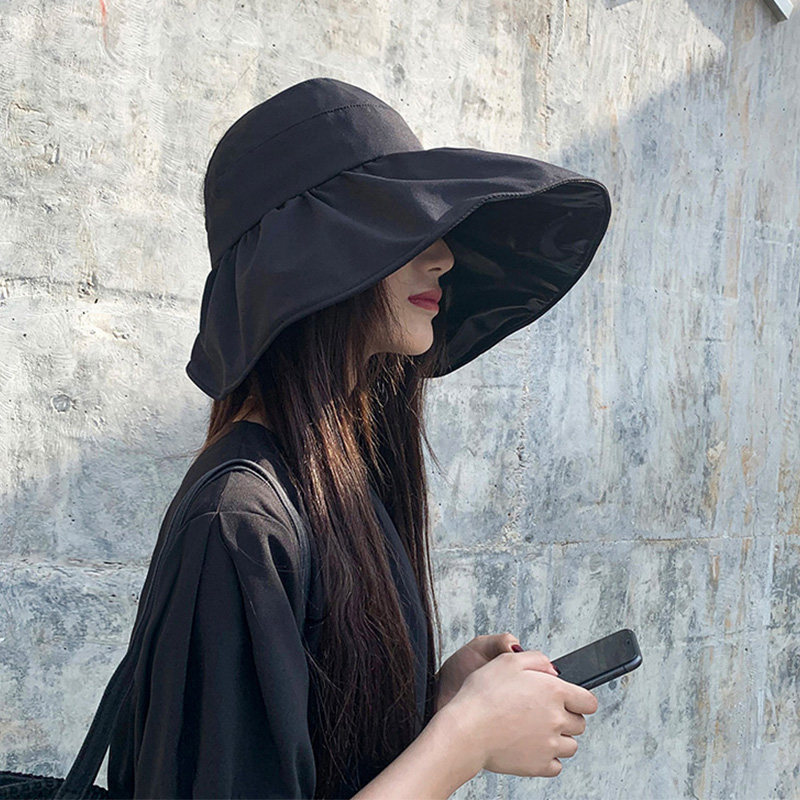 Evidison Free sunscreen hat women's summer big brim sun hat black glue anti-UV face cover empty top