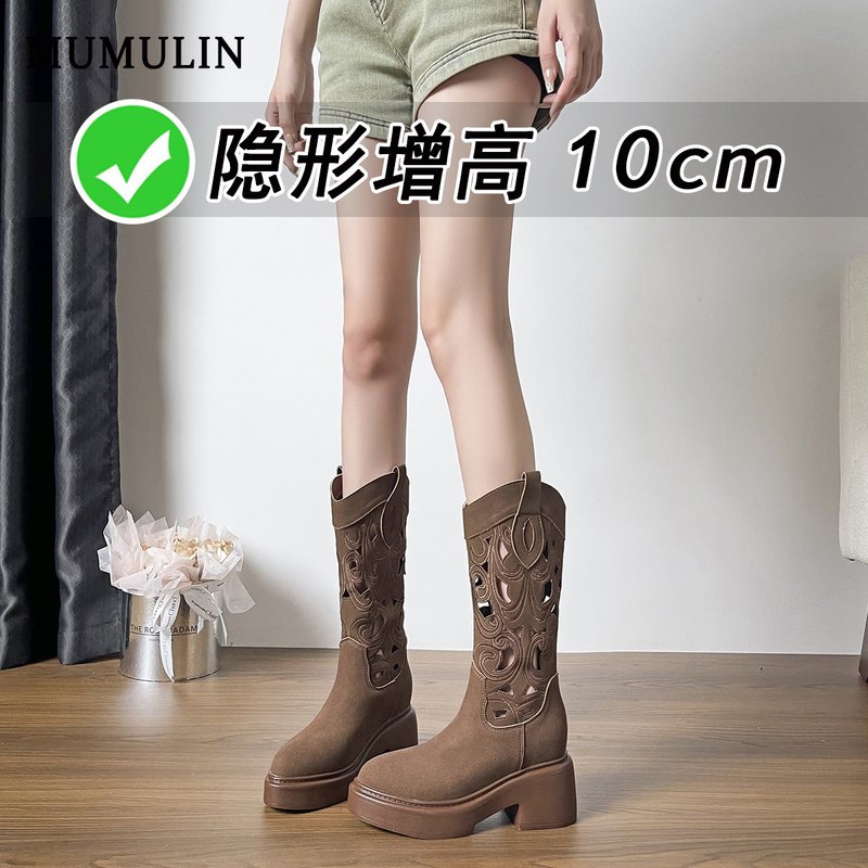 Brown Retro Mid-Calf Riding Boots with 10cm Internal Height Increase, Summer Hollow Embroidery Pointed Toe Western Cowboy Boots with High Heels and Thick Soles