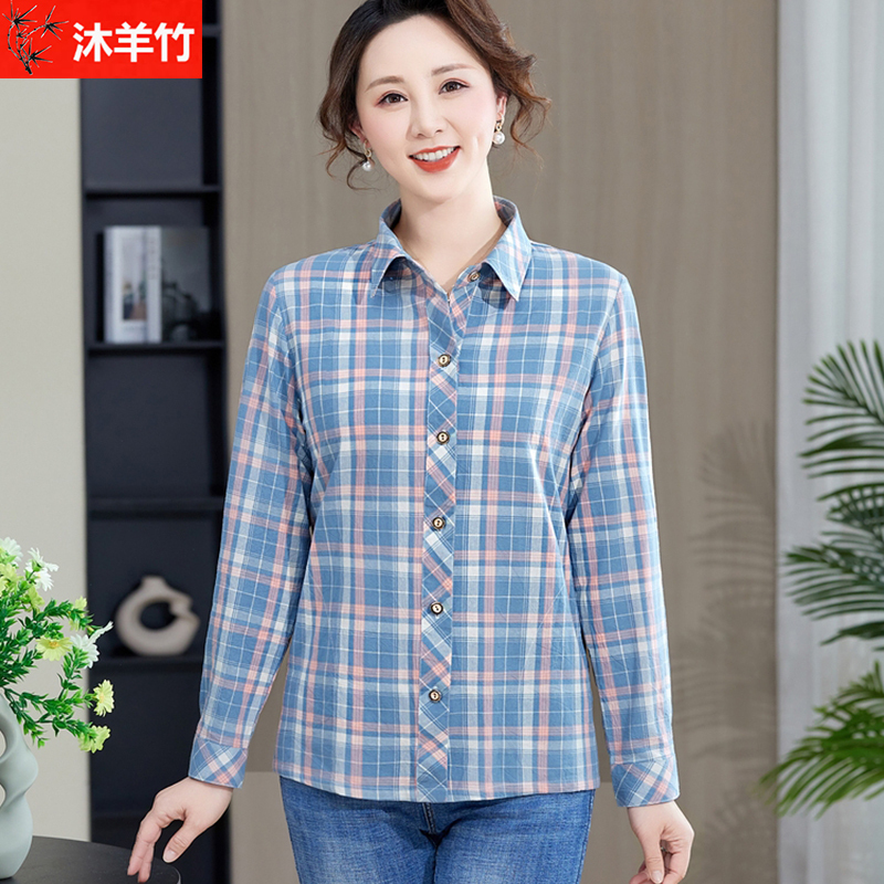 Spring and Autumn Mother's Cotton Long-Sleeved Shirt Women's Large Size Plaid Shirt New Middle-Aged Mother's Loose Cotton Top