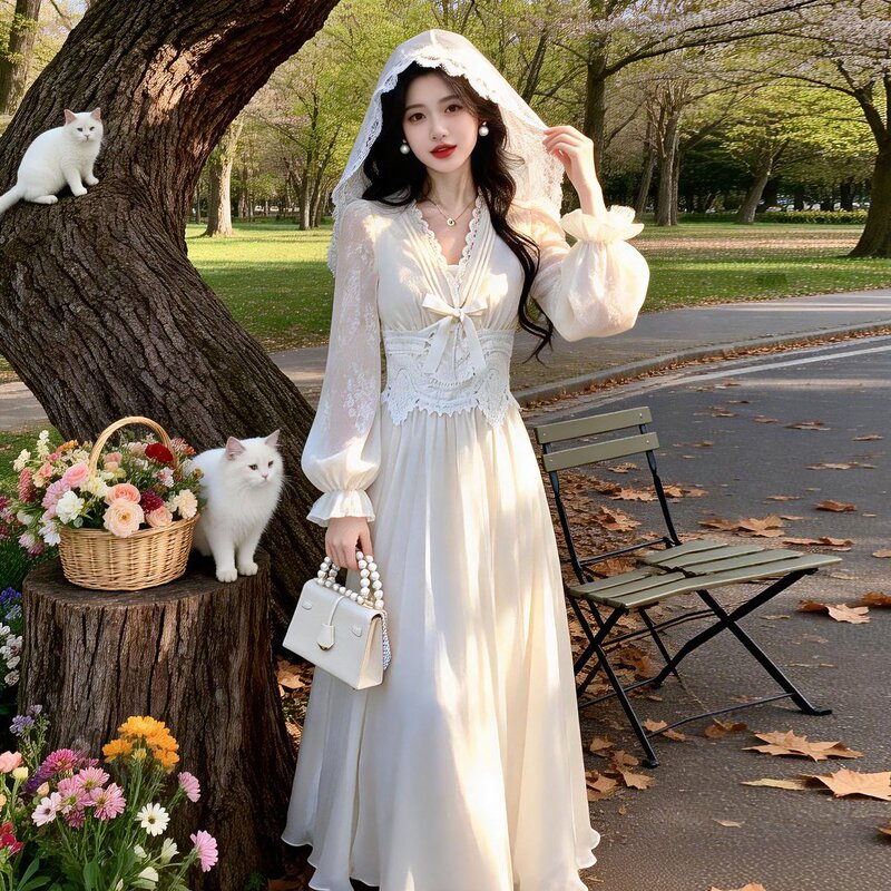 Fairy-Like White High-End First Love White Moonlight Wedding Veil Cape Chiffon Long Dress Lace Dress