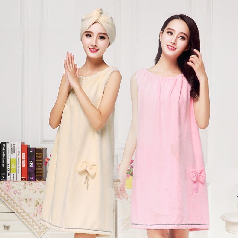 Bath towel pink girl heart bath skirt female suspender cute cotton water absorption can wear shower cap suit Vest dry hair cap