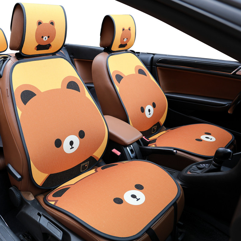 Four Seasons Car Seat Cushion Cartoon Teddy Piggy Car Cushion Cute Couple Non-Slip Free Cotton Hemp Woman Machine Washable Seat Cushion