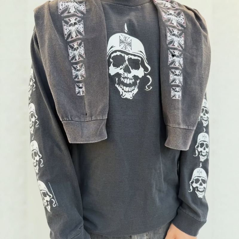 In Stock Westcoast Skull Ghost Soldier Iron Cross Spider Web Vintage Distressed Retro Long-Sleeve T-Shirt