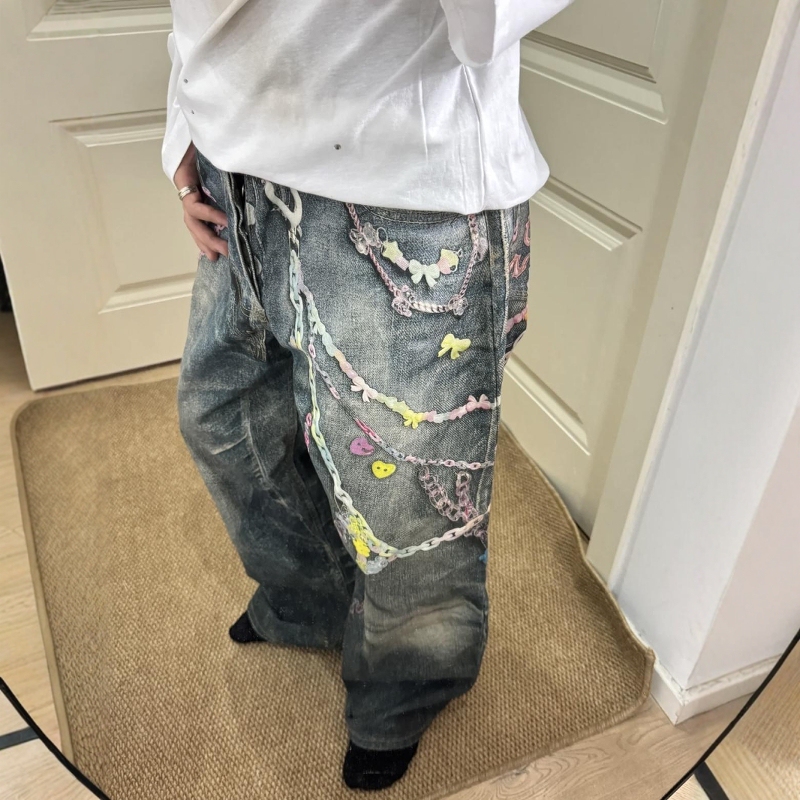 Correct Ac Style 25Fw Distressed Wrinkled Honeycomb Digital Print 3D Chain Print Baggy Loose Jeans Correct Ac Style 25Fw Distressed Wrinkled Honeycomb Digital Print 3D Chain Print Baggy Loose Jeans