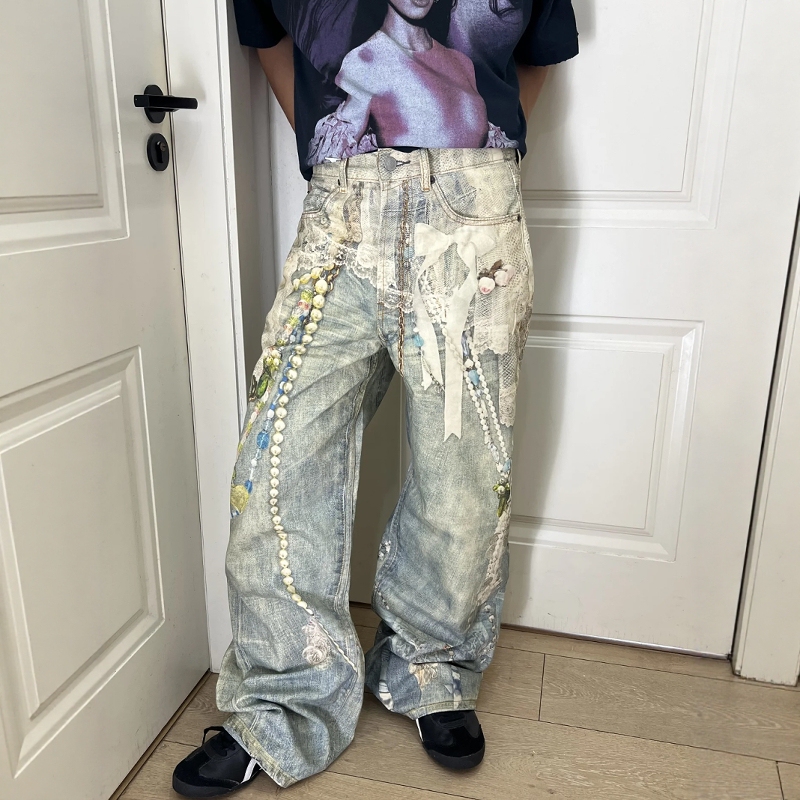 In Stock Ac Style 25Fw Lace Pearl Chain 3D Printed Straight-Leg Scimitar Jeans Jennie Same Style