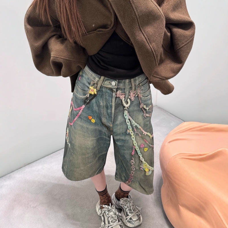 Correct Ac Style 25Ss Candy Chain Distressed Pleated 3D Printed Loose Three-Quarter Jeans Casual Men and Women