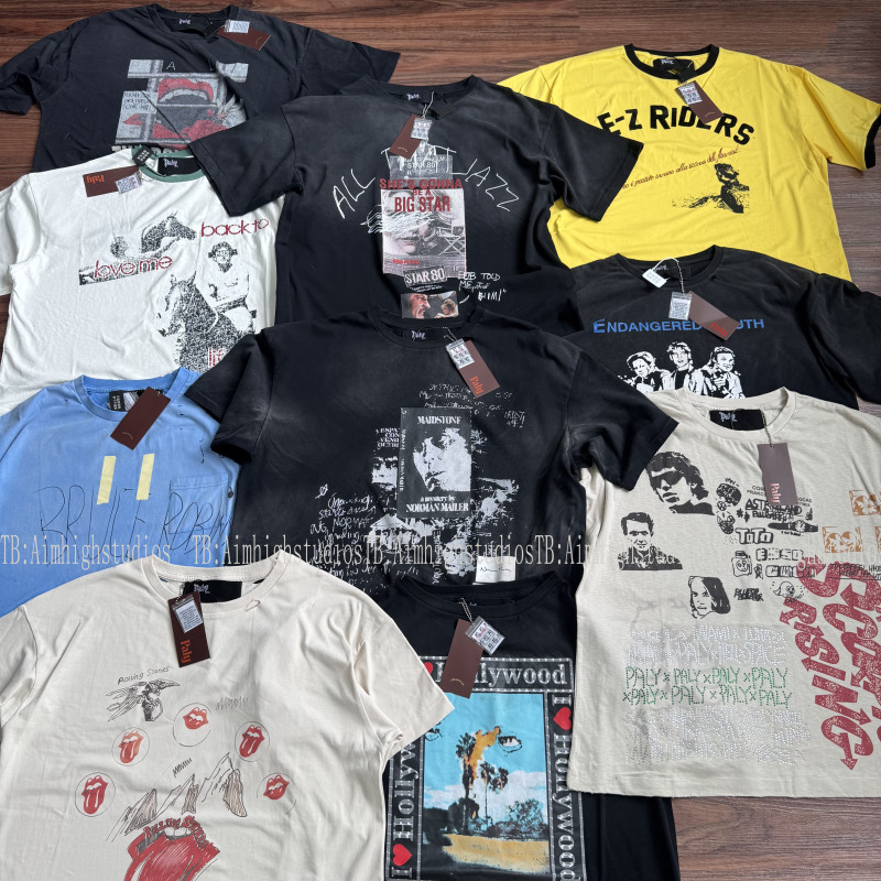 Play Hollywood Series Distressed Washed-Out Hand-Painted Vintage Portrait Rhinestone Print Short Wide Short-Sleeve T-Shirt