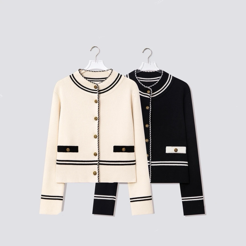 In Stock 500g Heavyweight Black and White Double Stripe Stand Collar Sweater Jacket with Embossed Gold Buttons, Elegant Knitted Cardigan