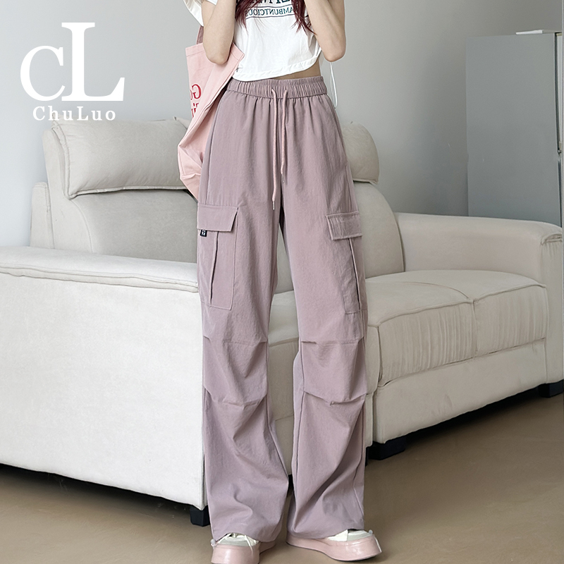 Pink Cargo Pants for Women, Summer Thin Style, 2025 New American-Style Straight-Leg Jazz Dance Retro Petite Parachute Pants