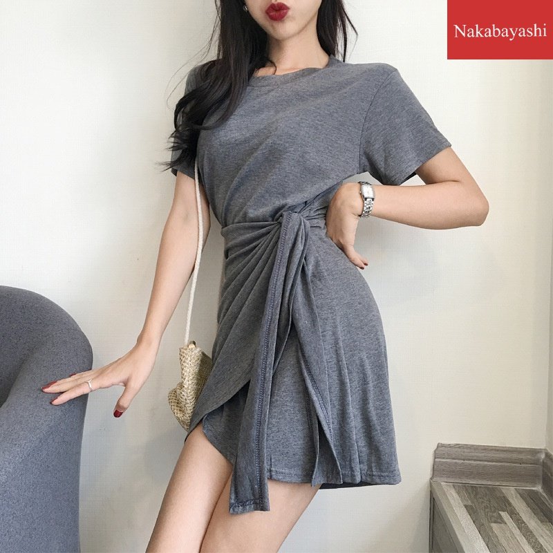 New fashion strap with cotton waist a dress women wear medium and long color round neck short sleeve t-shirt women's clothing