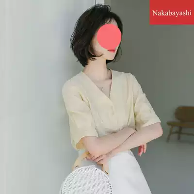 2021 new cotton linen short sleeve top summer new white shirt women loose V collar bubble sleeve shirt tide ins
