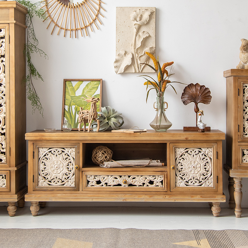 Retro carved TV cabinet high cabinet storage cabinet living room porch solid wood locker B&B multi-functional storage cabinet