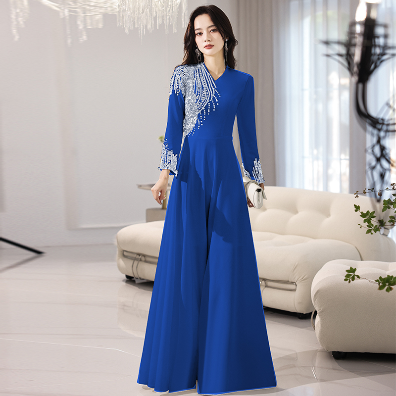 Royal Blue Hostess Evening Dress for Women 2026 New High-End Elegant Banquet Luxurious Solo Performance