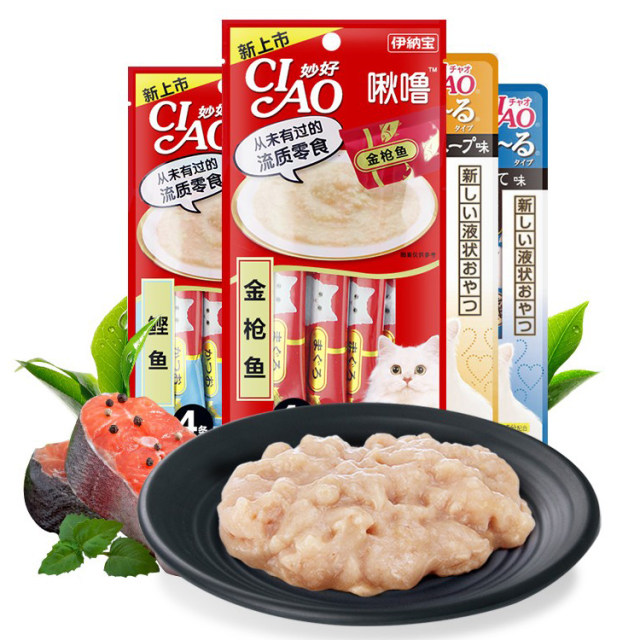 Yinabao ciao cat snacks Miaohaojiulu ຜູ້ໃຫຍ່ cat liquid cat strips pudding fresh bag ກະປ໋ອງອາຫານປຽກ 4 ຕ່ອນ