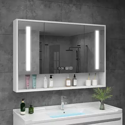 Smart bathroom mirror cabinet Solid wood with lamp powder room storage storage mirror cabinet integrated wall-mounted mirror with shelf