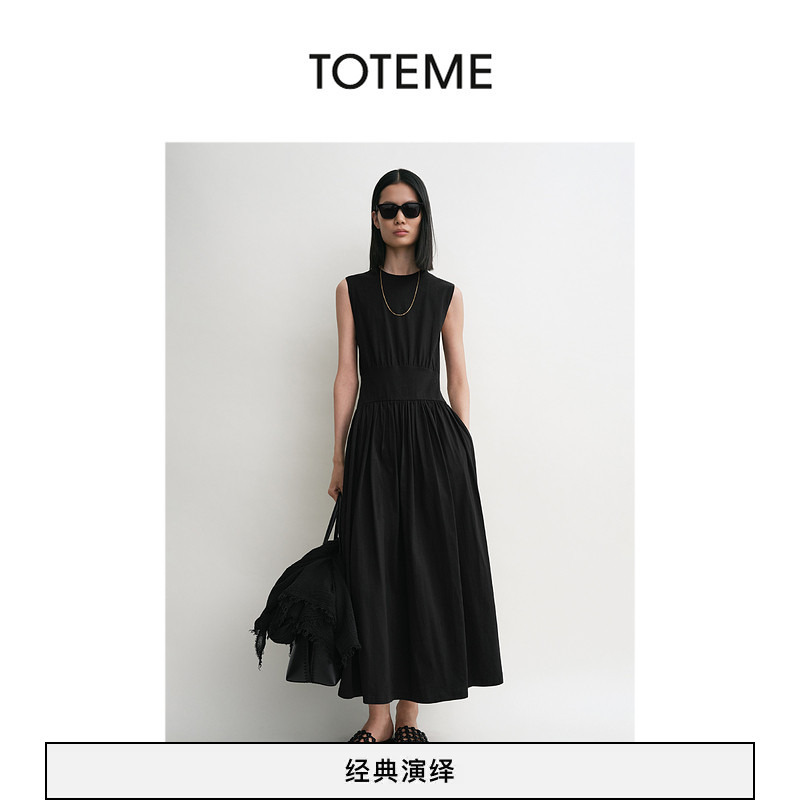 Toteme Women's Black Cotton Mid-Length A-Line Waist-Cinching Sleeveless Dress