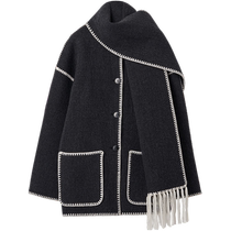 TOTEME Womens Dark Heather Gray Wool Blend Embroidered Tassel Scarf Jacket