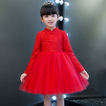 Girls autumn and winter foreign princess dress childrens dress little girl long sleeve cheongsam dress red plus velvet winter dress