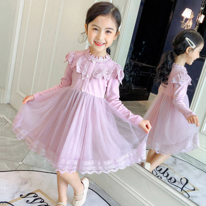 Girls' autumn skirts, big children's Korean version, foreign style, big children's long-sleeved winter plus velvet thickened children's dress tide