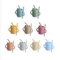 New hot-selling silicone water cup with double ears and double straw cup cartoon baby learning drinking cup special silicone cup for children and babies