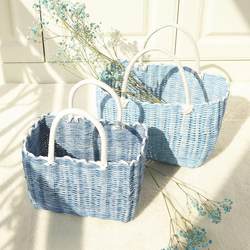 Picnic Basket Plastic Woven Storage Basket Fruit and Vegetable Basket Outdoor Spring Outing Popular Rattan Satchel Blue Hot