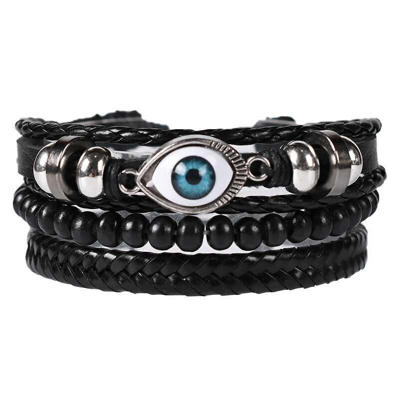 Evil Eye Bracelet Fashionable Woven Pu Leather Blue Men's Multi-Layer Set Bracelet Handmade Yiwu Boutique Evil Eye Bracelet Fashionable Woven Pu Leather Blue Men's Multi-Layer Set Bracelet Handmade Yiwu Boutique