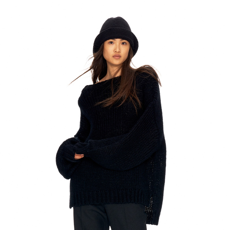 Fax Copy Express* Bohemian Puff Sleeve Hand-Knitted Textured Chunky Knit Off-Shoulder Sweater