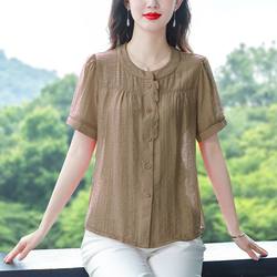 Cotton and linen shirt ladies summer dress 2023 new mothers' foreign style, loose, thin short sleeve top small shirt, large size shirt