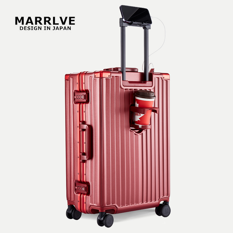 Marrlve Multifunctional Rechargeable Cup Holder Brake Wheel Phone Holder Travel Luggage Trolley Aluminum Frame Boarding Case