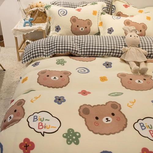 Японский импортный зимний мультяшный коралловый комплект, фланелевый двусторонний пододеяльник, 4 предмета, увеличенная толщина