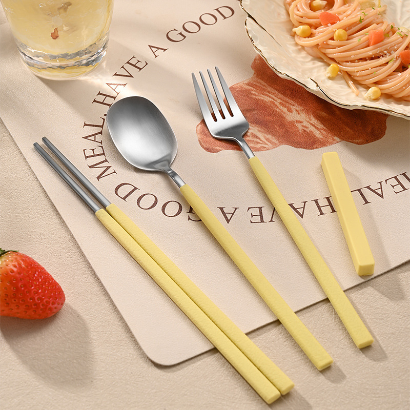 Korean Food-Grade Silicone 304 Stainless Steel Spoon, Chopsticks, Fork, Anti-Scalding Eating Spoon, Western-Style Tableware Set Korean Food-Grade Silicone 304 Stainless Steel Spoon, Chopsticks, Fork, Anti-Scalding Eating Spoon, Western-Style Tableware Set