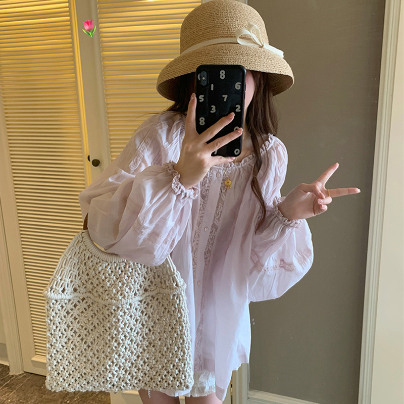 Light Gauze, Pure Desire, Light Purple Shirt, French-Style Heavy Craftsmanship, Romantic Lace Splicing, Long-Sleeved Shirt, Loose Top for Women