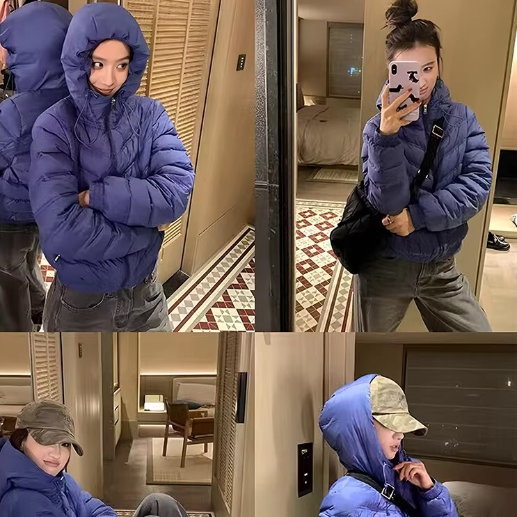 Ribbed Puff Quilted Hooded Short down Jacket for Women, Blue-Purple, 2025 Winter, 90% White Duck Down, Warm Coat