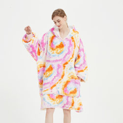 Lazy blanket pullover tie-dye sweatshirt coral velvet pajamas for women autumn and winter thickened couple hooded flannel knee-length nightgown