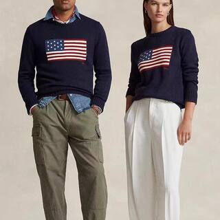 毛衣圆领星星国旗RL男女同款宽松经典款老钱风套头纯棉针织衫上衣