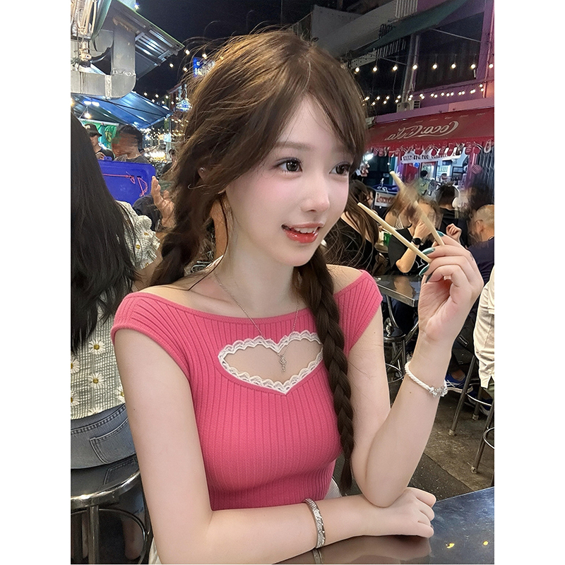 Hyi Rose Pink Off-Shoulder Knitted Top with Lace Patchwork and Hollow Out Design, Sexy Hot Girl Style, Women's Summer 2026