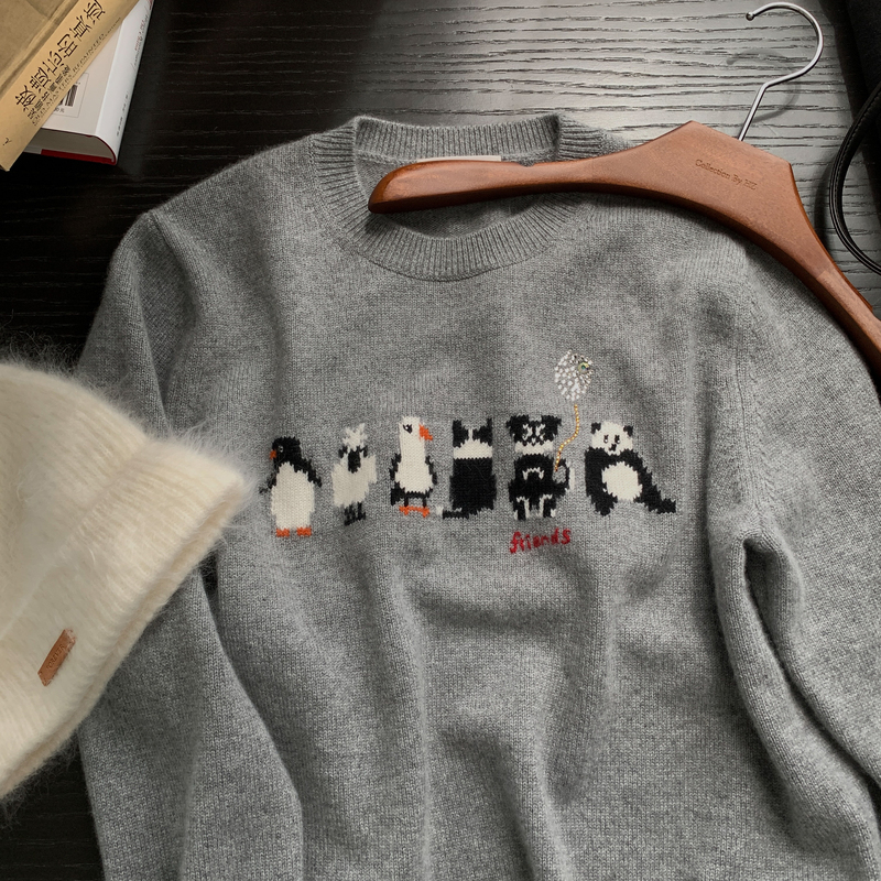 Hz'30% Cashmere 70% Wool' Sitting in a Row Eating Fruit Animal Party Round Neck Long Sleeve Sweater 0937