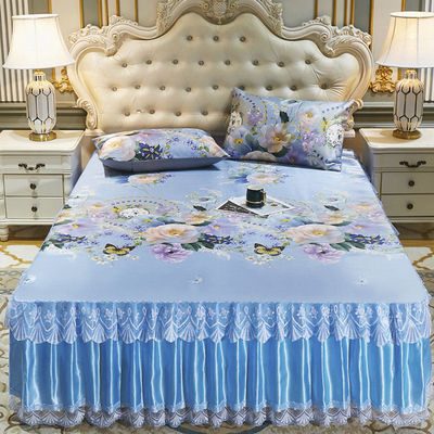 夏季可水洗机洗凉席床裙款冰丝席三件套空调软席草席印花折叠双人