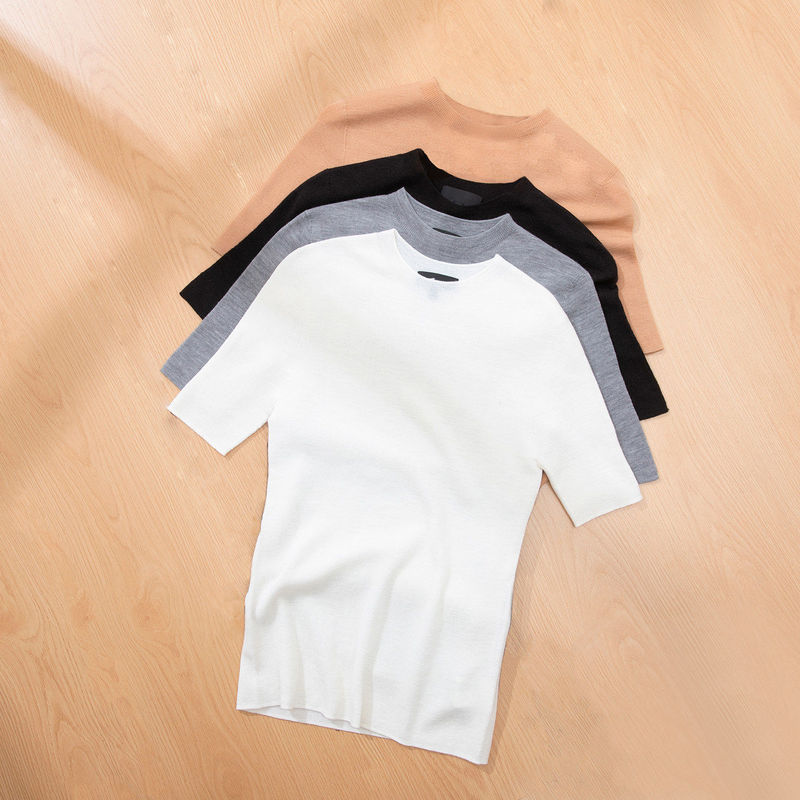 Four-Needle Flat Knitting Machine Th Custom-Made 100% Wool Ultra-Fine Knit Short-Sleeve Top, Slim Fit, 16-Gauge Round Neck, Seamless, 68-Count, Autumn Four-Needle Flat Knitting Machine Th Custom-Made 100% Wool Ultra-Fine Knit Short-Sleeve Top, Slim Fit, 16-Gauge Round Neck, Seamless, 68-Count, Autumn