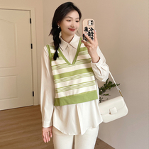 孕妇上衣女秋装长袖通勤衬衣撞色条纹假两件衬衫春秋季新款套装
